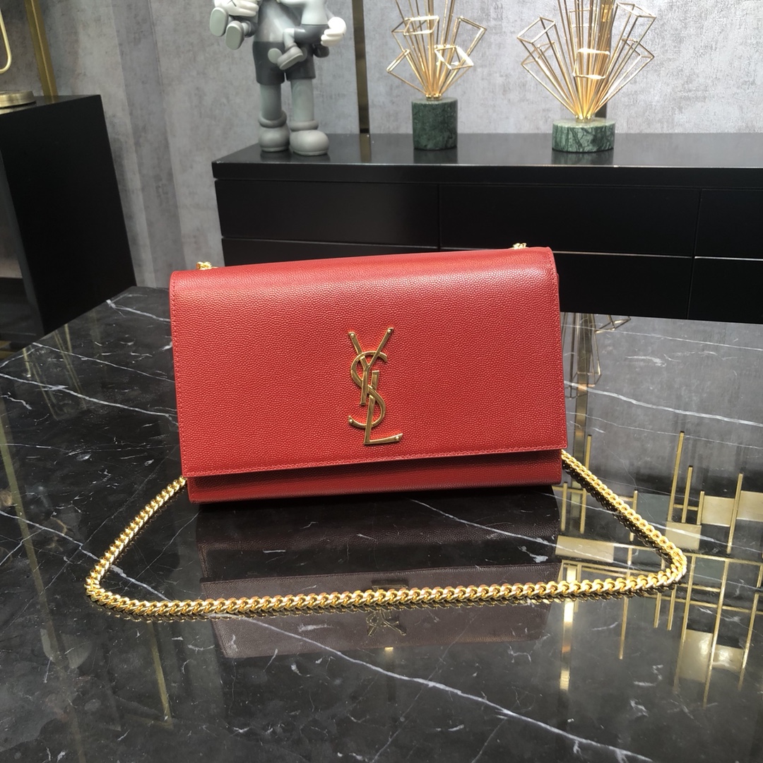 Saint Laurent Kate Medium Grain Calfskin Shoulder Bag Handbag Red 364021 Gold